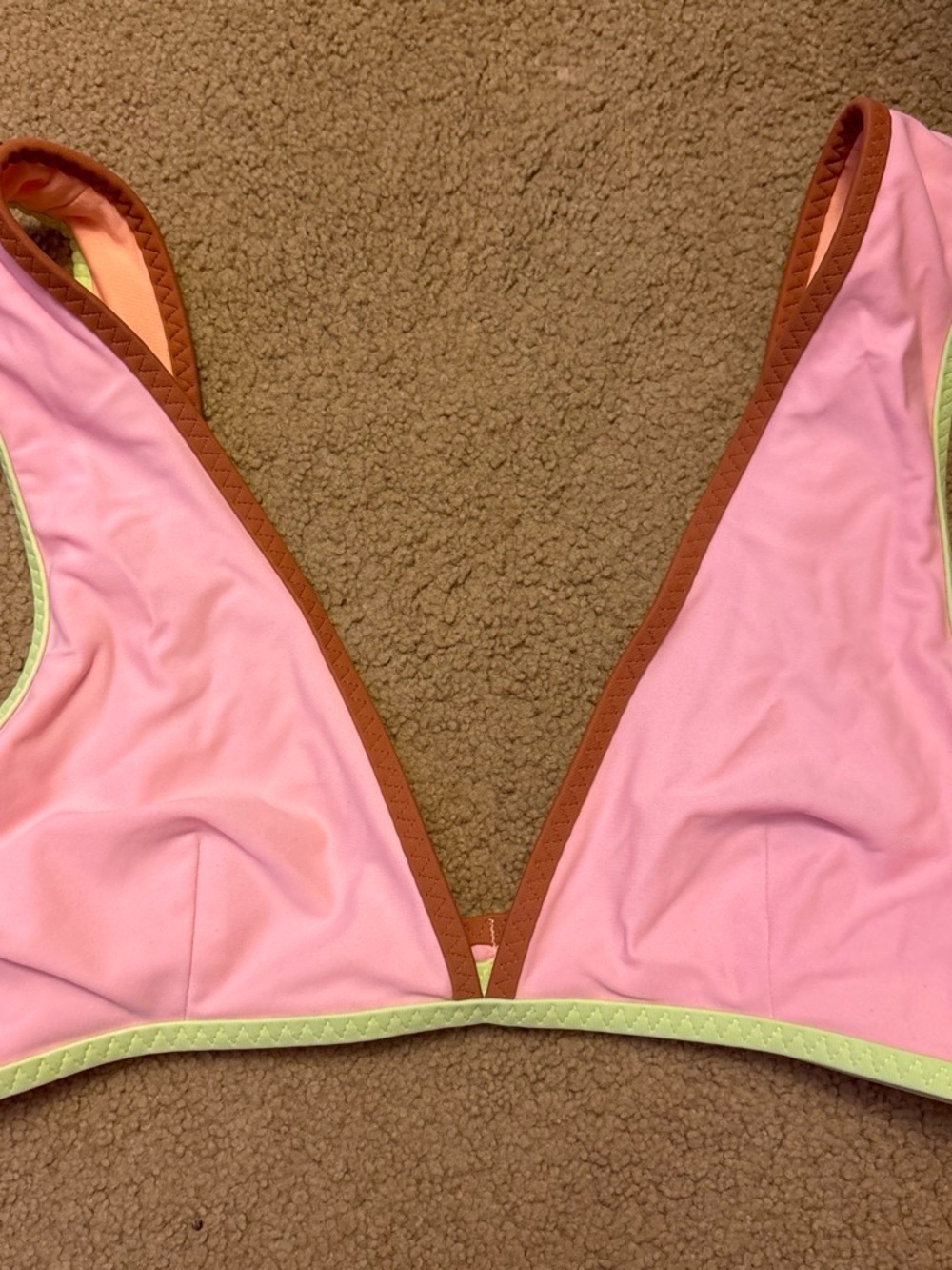 aerie Pink Bikini Top with Brown Trim and Light Green Edge